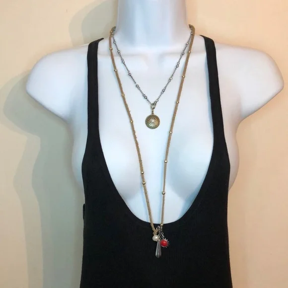 Lucky brand suede layered look charm pendant necklace free spirit festival. - Picture 2 of 5